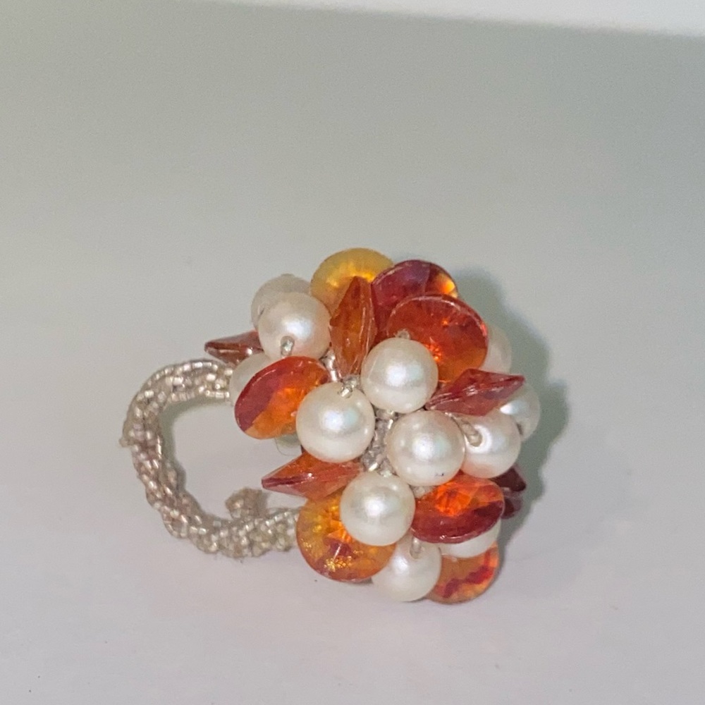 Vintage Faux Pearl & Orange Lucite Beaded Cluster Cocktail Statement Ring